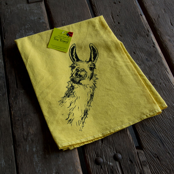 Dyed Llama tea towel, Screen Printed flour sack towel