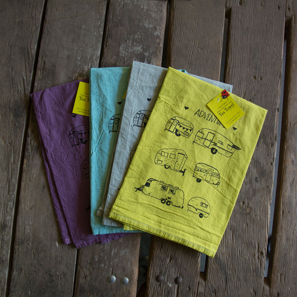 Dyed Vintage Campers Tea Towel, flour sack towel