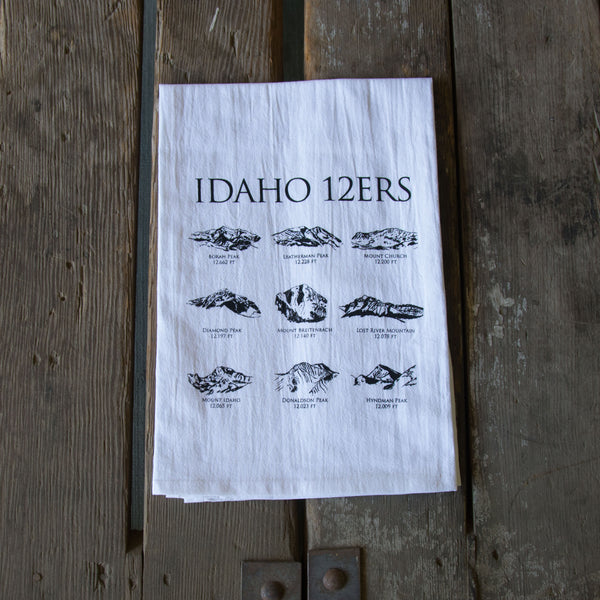 12ers Idaho Mountains Tea Towel, Screen Printed flour sack dish towel