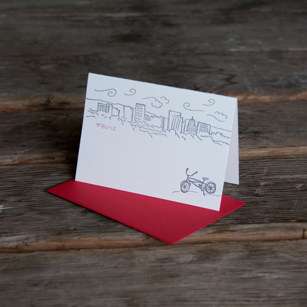 Boise Bike Skyline card, Heart BOISE letterpress printed eco friendly