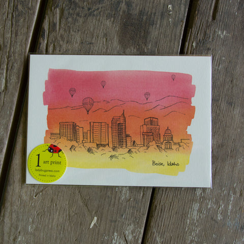5x7 Boise Skyline Water Color Wash art print, eco friendly