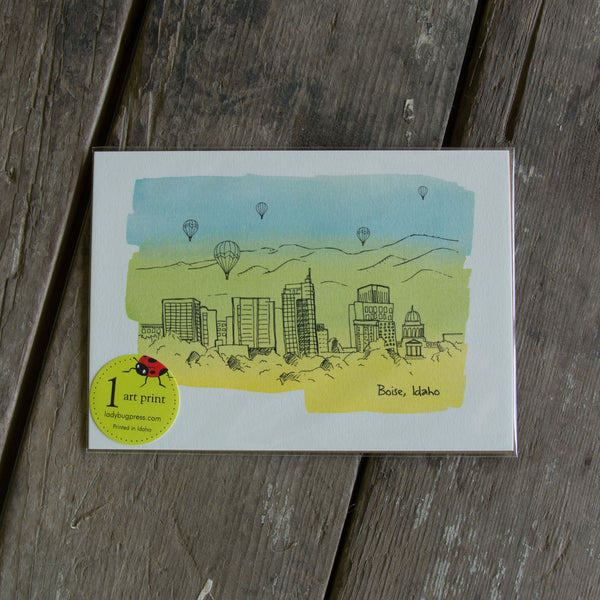 5x7 Boise Skyline Water Color Wash art print, eco friendly