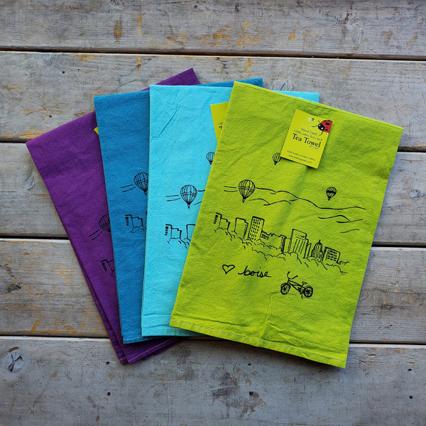 Dyed Boise Balloon Tea Towel, Screen Printed flour sack towel