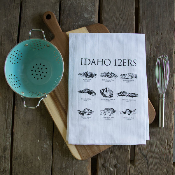 12ers Idaho Mountains Tea Towel, Screen Printed flour sack dish towel