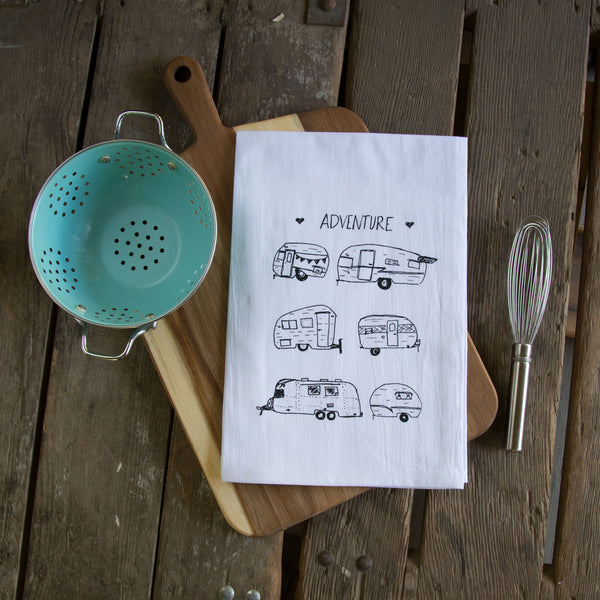 Vintage Campers Tea Towel, Screen printed flour sack towel