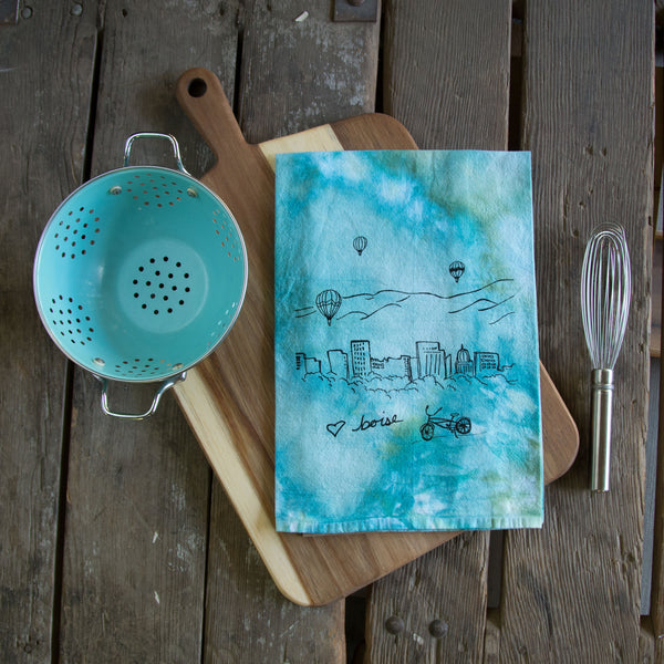 Dyed Boise Balloon Tea Towel, Screen Printed flour sack towel