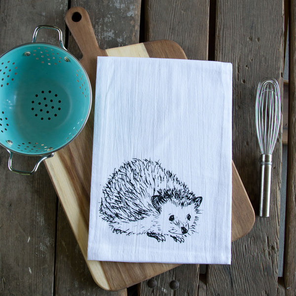 Hedgehog Tea Towel, screen printed flour sack towel