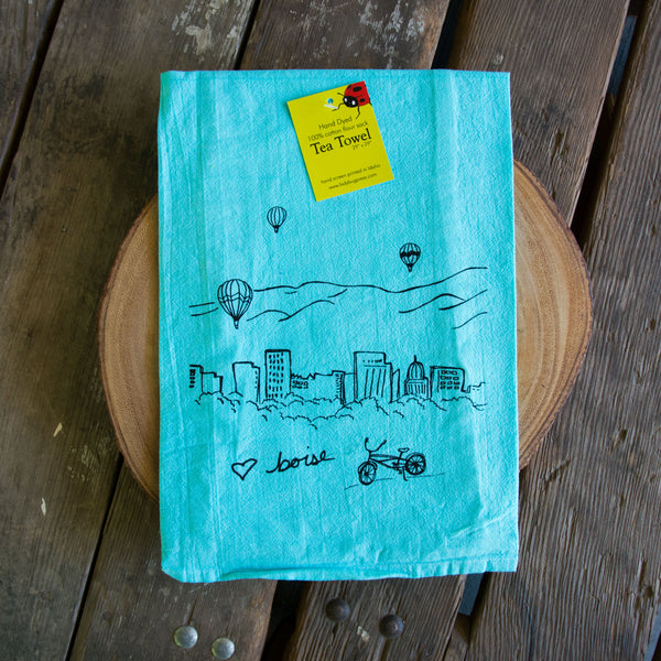 Dyed Boise Balloon Tea Towel, Screen Printed flour sack towel