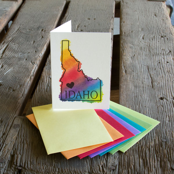 Idaho Heart Rainbow Card, RAINBOW watercolor letterpress printed eco friendly