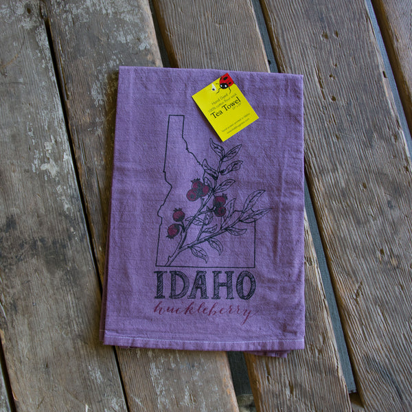 Dyed Idaho Huckleberry Tea Towel, Screen Printed flour sack towel