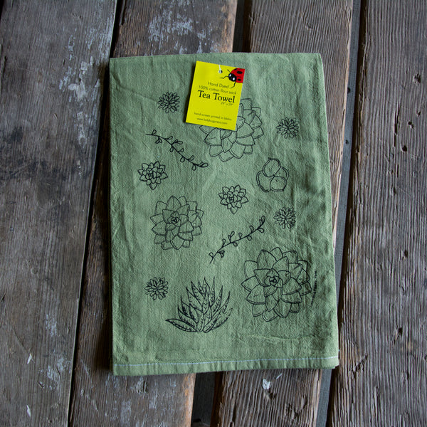 Dyed Succulent Tea Towel, Screen Printed flour sack towel