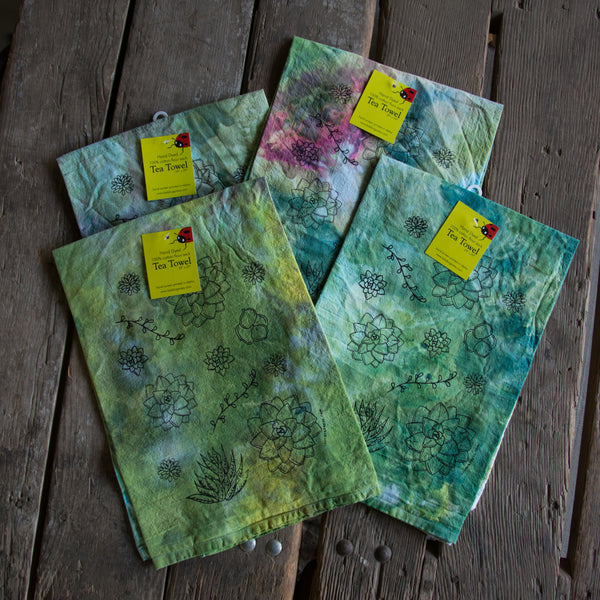 Dyed Succulent Tea Towel, Screen Printed flour sack towel