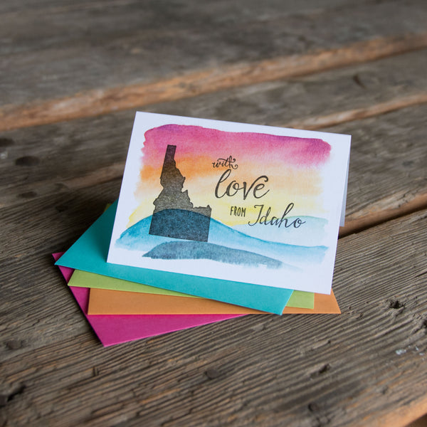 With love from Idaho card, hand water colored, letterpress printed eco friendly