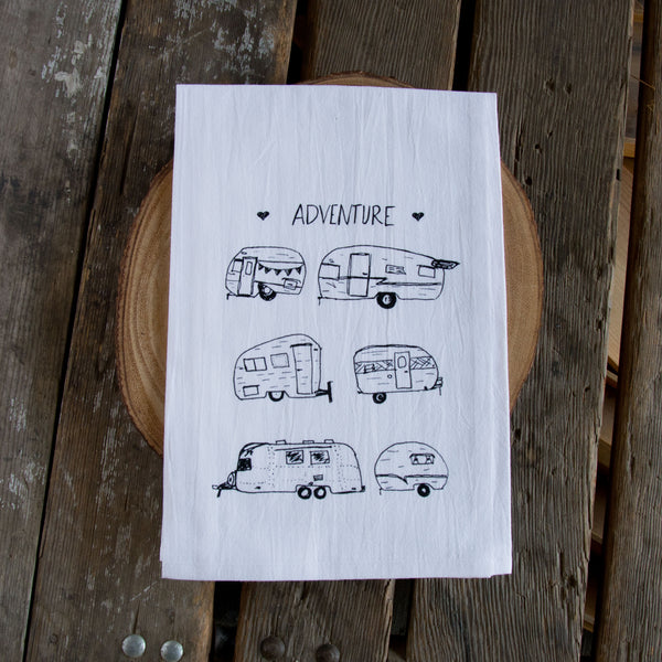 Vintage Campers Tea Towel, Screen printed flour sack towel