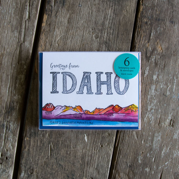 Greetings from Idaho, Sawtooths letterpress + watercolor card