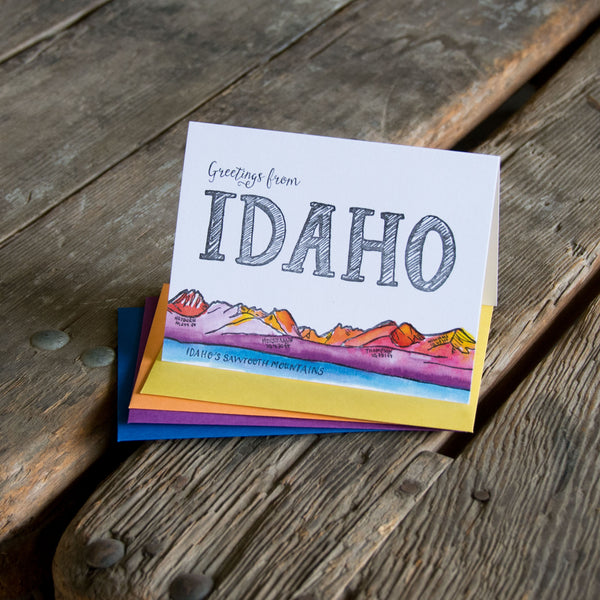 Greetings from Idaho, Sawtooths letterpress + watercolor card