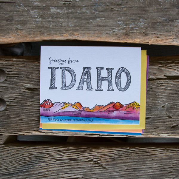 Greetings from Idaho, Sawtooths letterpress + watercolor card