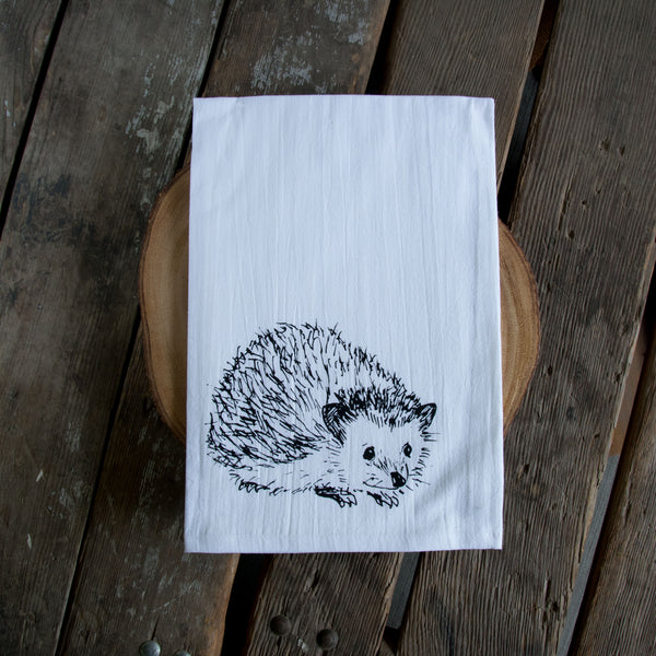Hedgehog Tea Towel, screen printed flour sack towel