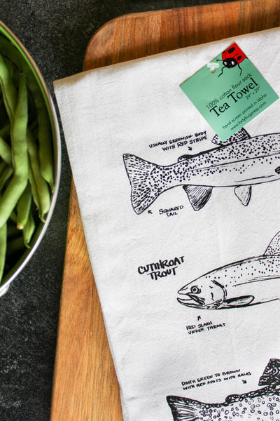 Trout Tea Towel, Screen Printed flour sack dish towel