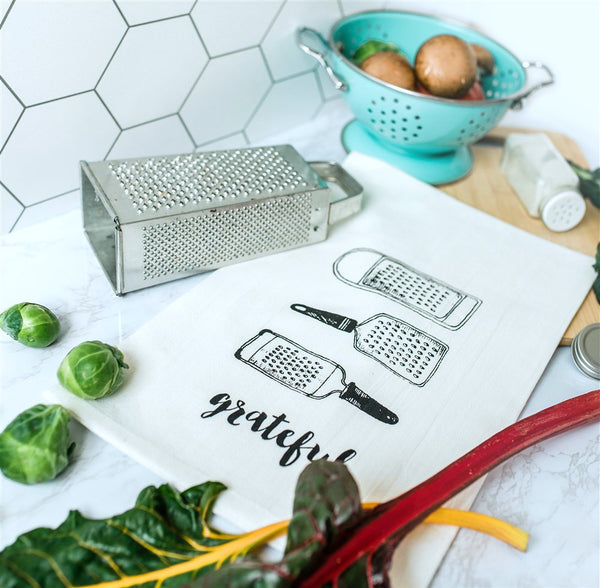 Grateful Tea Towel, flour sack towel vintage graters