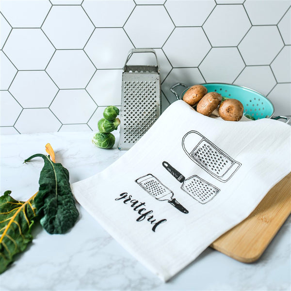 Grateful Tea Towel, flour sack towel vintage graters