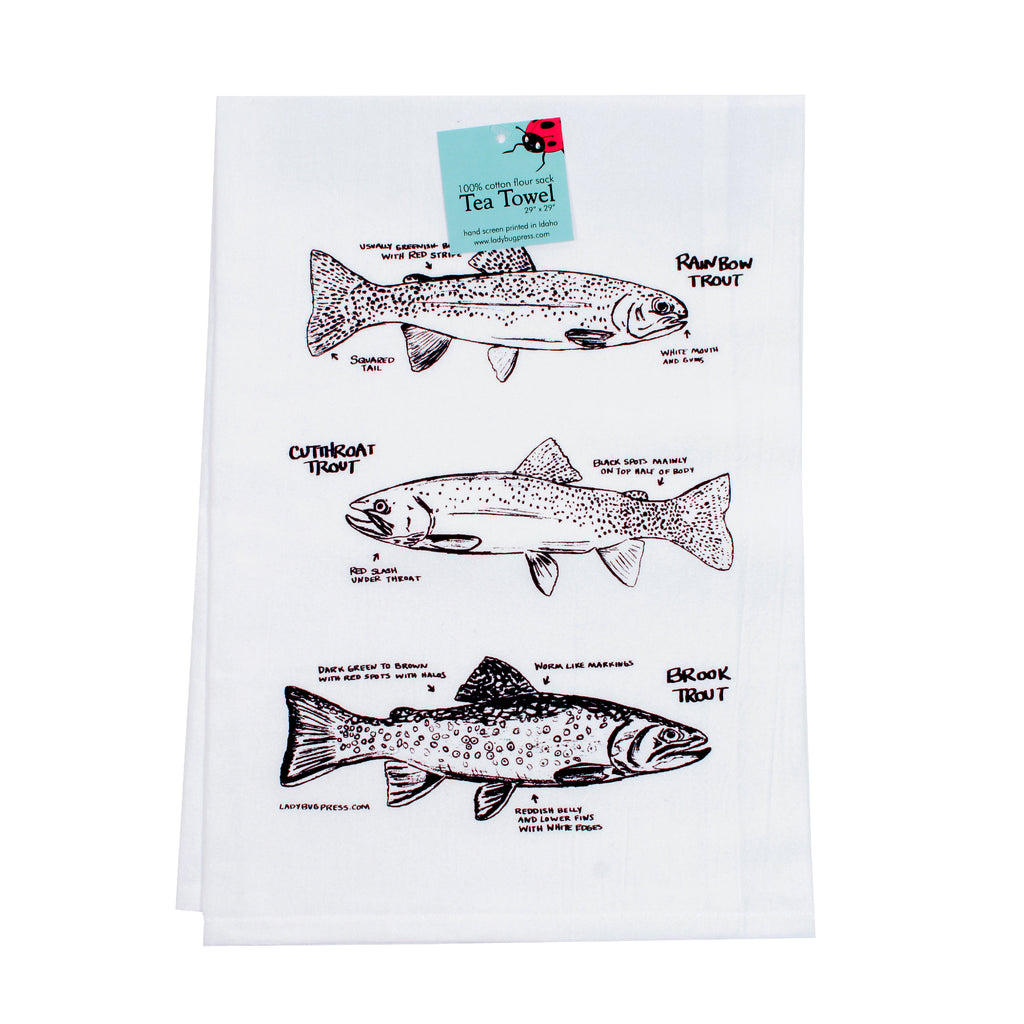 Trout Tea Towel, Screen Printed flour sack dish towel